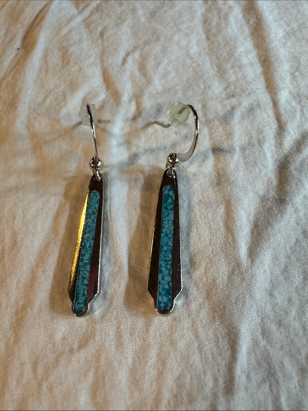 Vintage French Solid Silver Geometric Mosaic Turquoise Chip Inlay Earrings
